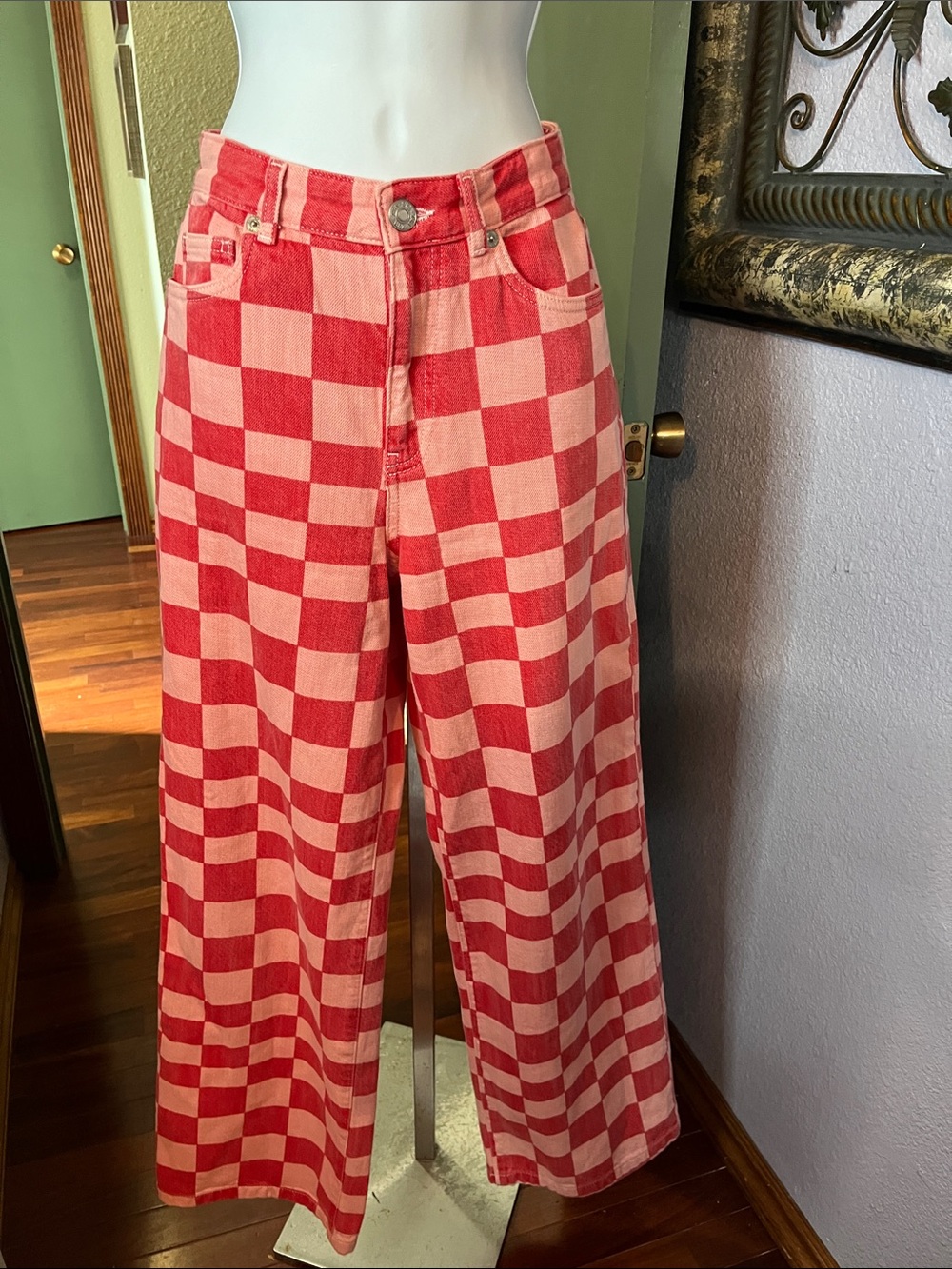 Zara Red and Pink Checkerboard Wide-Leg Jeans Sz 4